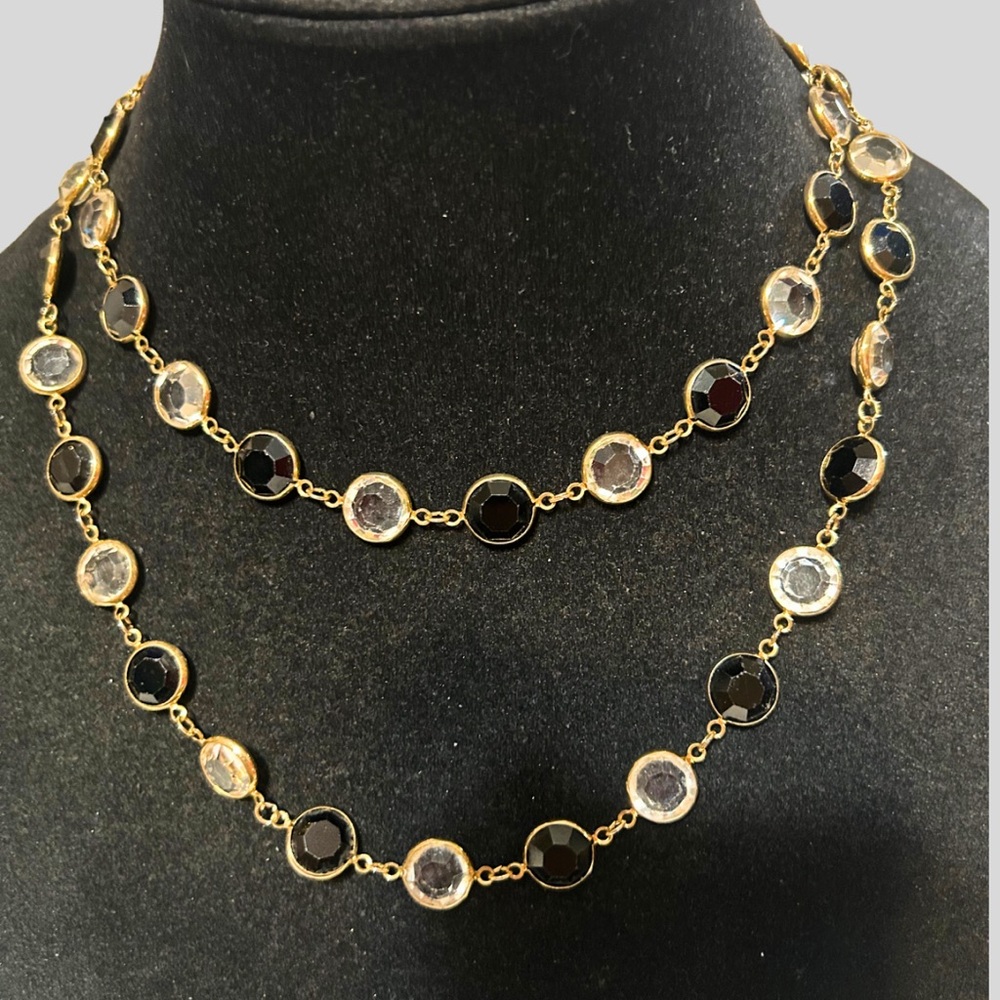 Swarovski Gold Tone Blk/Clear Bezel Set Crystal Pull Over Necklace 34”